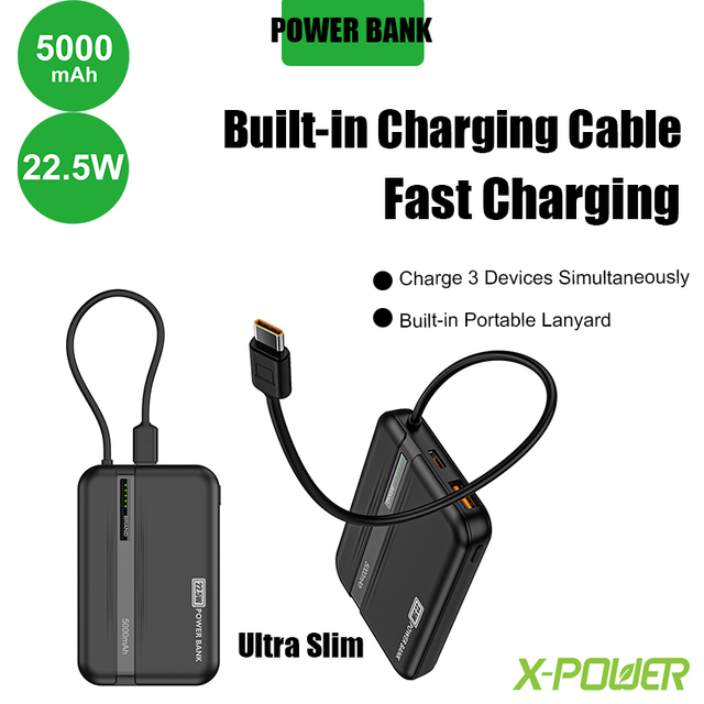 Ultra Slim Thin 5000mAh Power Bank Built in Cable PD 22.5W Fast Charging Phone Charger Light Weight with Lanyard ODM PD59-5000