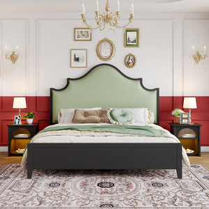 Upholstered <b>Bed</b> Solid Wood <b>Double</b> <b>Bed</b> High Back Green Fabric Bedroom Furniture - Product Image 2