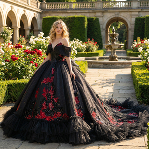 Robe de bal Jancember 6940 noire et rouge, épaules dénudées, robe de Quinceañera, broderie florale, volants en tulle - Product Image 1