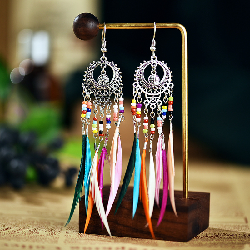 Orecchini pendenti blu boho con piume da donna 2019