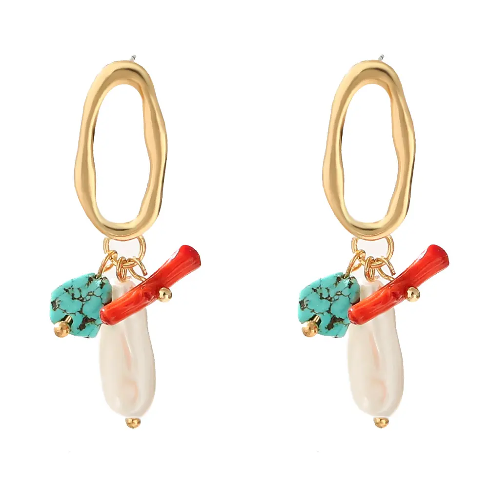 Bohemian Natural Turquoise Red Coral Stone Drop Earrings 14K Gold Trendy Hollow Oval Metal Stud Earrings for Women Vwholesale