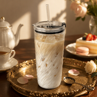 Gobelet en verre borosilicate soufflé à la main 740 ml grande capacité pour thé au lait et café, couleur unie, simple paroi, avec couvercle et paille