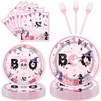 Décorations de fête d'Halloween, ensemble de vaisselle jetable - Assiettes, serviettes, fourchettes, fournitures fantômes roses et citrouilles pour une joyeuse fête d'anniversaire