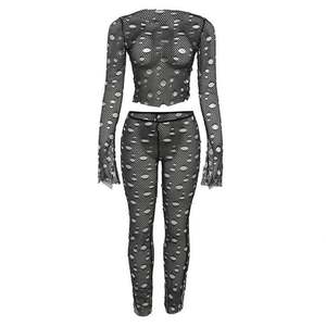 Hollow Sexy Women Two Piece Set Layering Hole O-Neck Hipster Crop Tops + Leggings Coquette Matching Midnight Clubwear - Product Image 2