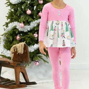 Traje de Navidad para niños, conjunto de ropa con top estampado de festival personalizado, pantalones largos con volantes de lunares, rosa, bonito, novedad de 2022