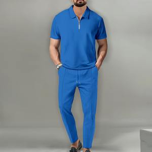 Logo personalizzato uomo Casual Street Wear mezza Zip <span class=keywords><strong>Polo</strong></span> <span class=keywords><strong>pantaloni</strong></span> lunghi due pezzi set da uomo estate Waffle 2 pezzi - Product Image 3