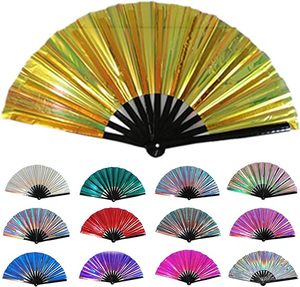 Hot Sale Clack Rave Folding Hand <b>Fan</b> Folk Art Iridescent Holographic Fabric 33cm PVC Hand <b>Fan</b> - Product Image 4