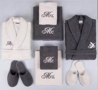 Gran oferta 100% Albornoz de rizo de algodón con toalla zapatilla blanco gris pareja mujeres y hombres batas con LOGOTIPO bordado personalizable