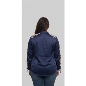 <b>Women's</b> <b>Navy</b> Blue Satin Blouse With Embroidery Lace Detail Full Sleeve Crew Neck Elegant Loose Fit <b>Top</b> - Product Image 2