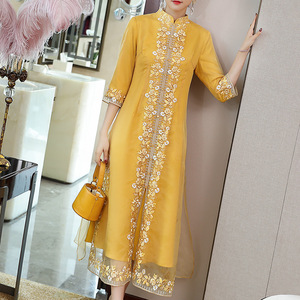 Vestido de Estilo Retro Chino, Amarillo, con Cuello Alto, Bordado, Manga Larga, Vestido de Noche, Vestido Informal para Mujer, Tallas XS, S, M, L, XL, XXL - Product Image 4