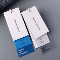 Ensemble d'étiquettes suspendues personnalisées de luxe en PVC transparent avec papier texturé Milan enduit, avec cordon en coton gratuit, faible MOQ, étiquettes volantes pour vêtements et sacs