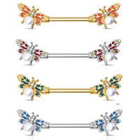 Vente en gros de piercing corporel en acier inoxydable ailes d'ange anneaux d'haltères mamelons en zirconium coloré en forme de crâne d'abeille