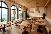 Meubles de salle à manger commerciaux naturels de style côtier, comptoirs de bar, chaises en bois + sièges de banquette, élégants, résistants aux intempéries, confortables