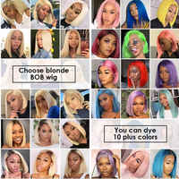 Wig Bob Lurus 10, 12, 14, 16 Inci Wig Lace Front 13x4 Densitas 180% Rambut Asli 100% Sorotan Warna Opsional