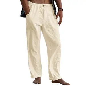 2024 hommes Yoga plage ample décontracté été élastique taille libre cordon ceinture ample poche jambe large 100% lin pantalon