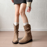 Bottes mi-mollet souples pour femmes, bout rond, talon carré, en daim, coupe en V, avec languette à replier, style western, 3 couleurs