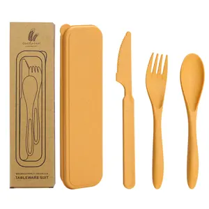 Amazon New Color Eco-friendly Cutlery Wheat Straw BPA Free Plastic Knife Spoon Fork Cutlery Set With Portable Box