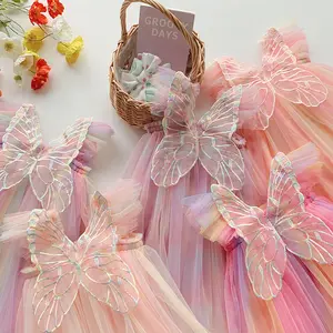 Çocuklar kelebek kanatları elbise kızlar için çocuk prenses gökkuşağı Tutu elbise çocuklar elbise gökkuşağı yürüyor çarpıntı kollu yaz ck