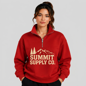 <b>Women's</b> Red <b>Quarter</b> <b>Zip</b> <b>Sweatshirt</b> Stand Collar Long Sleeve Cotton Fleece Mountain Tree Graphic Pullover Top - Product Image 1