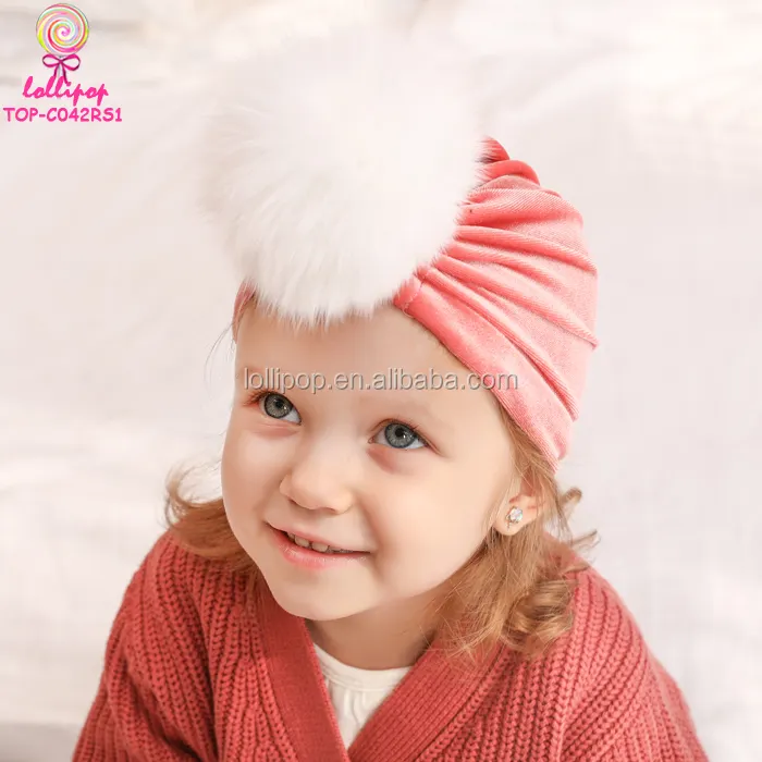 Зимний тюрбан для маленьких девочек, бархатная Шапка-бини, детский, индийский, мягкий, натуральный мех, помпон, тюрбан, головной убор, шапка