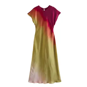 Crew neck tie dye multi color short sleeve casual fashion modest women maxi dress