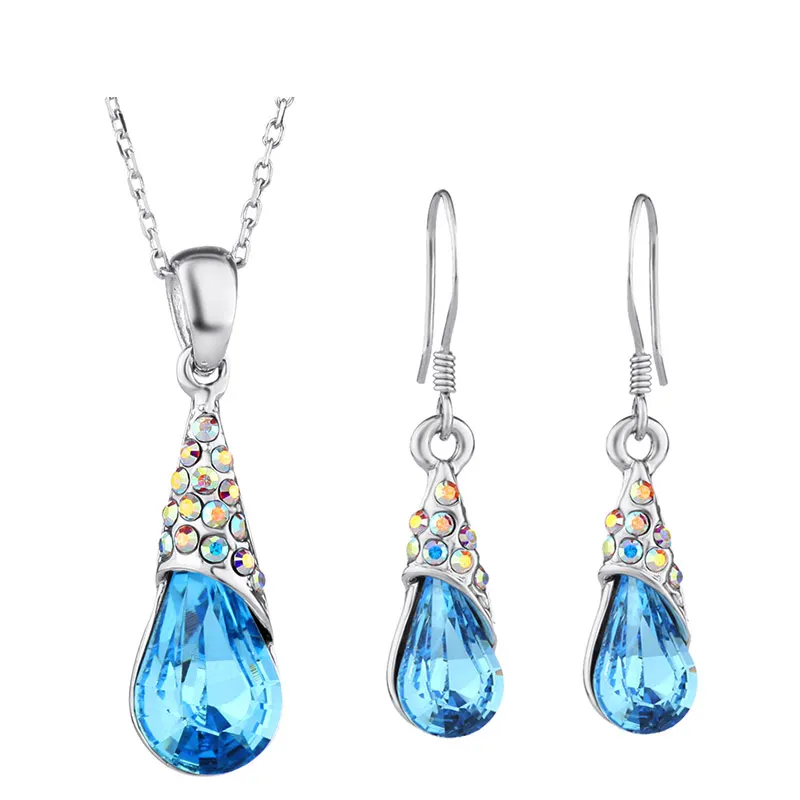Penjualan Laris Amazon Set Perhiasan Tetesan Air Biru Hijau Rhodium Berlapis Kristal dari Austria
