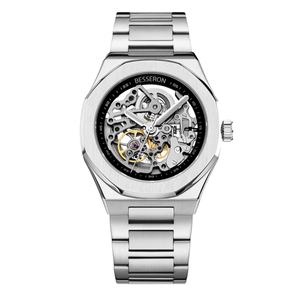 Reloj de Moda para Hombre de 41 mm, Plateado y Negro, de Acero Inoxidable, Esqueleto, Tourbillon, Resistente al Agua, Automático, Luminoso, Mecánico, con Puntero de Cristal - Product Image 1