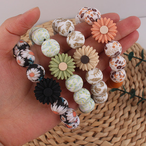 Gelang manik-manik silikon jimat Daisy desain baru gantungan kunci daun motif bunga manik-manik elastis gelang gantungan kunci hadiah bunga untuk anak perempuan - Product Image 4