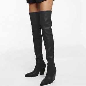 Bottes en cuir véritable populaires automne-hiver 2021, bout pointu, bottes sexy à hauteur de cuisse pour femmes, talon carré haut, taille plus 46 - Product Image 5
