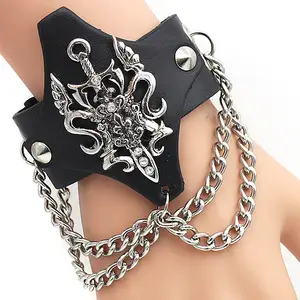 2023 Fashion Hot White Gold Metal Rivet Leather Bracelet Iron Sword Chain Tassel Finger Ring Skull Leather Bracelet
