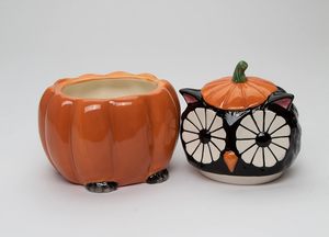 Pot de bonbons en céramique avec capacité personnalisable, accessoire de cuisine orange blanc Halloween citrouille hibou - Product Image 4