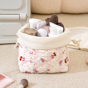 Drawstring Cosmetic <b>Bag</b> Large Capacity Quilted Makeup Storage Portable Travel Organizer For Women Pink Floral Pattern - Product Image 3