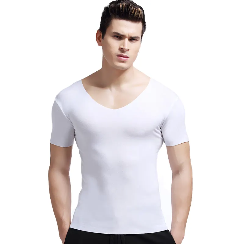 Camiseta masculina sem costura, camiseta fina com gola v de manga curta para homens, cor sólida, roupa íntima slim