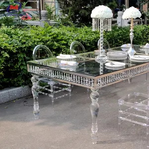 Luxury 8 seaters Crystal mirror Clear glass top gold stainless steel wedding dining table