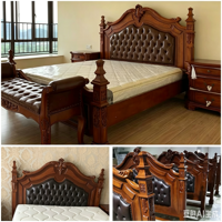 Lit de luxe classique, lit vintage en bois massif, lit en cuir véritable 1,8m/2m, lit d'hôtel, mobilier de chambre, suite de villa, lit double