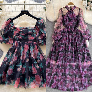 Robe trapèze pour <span class=keywords><strong>femme</strong></span> en soie et organza, à manches bouffantes, longueur genou, taille élastique, motif dessiné à la main, collection Printemps-Été 2026, style plage personnalisé - Product Image 2