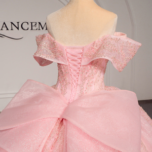 Vestido de Quinceañera Rosa de Lujo Xybb09-Pz, Vestido de Gala con Cuentas y Lentejuelas, Hombros Descubiertos, Lazo Grande, Cola Larga, Estilo Princesa, Jancember - Product Image 4