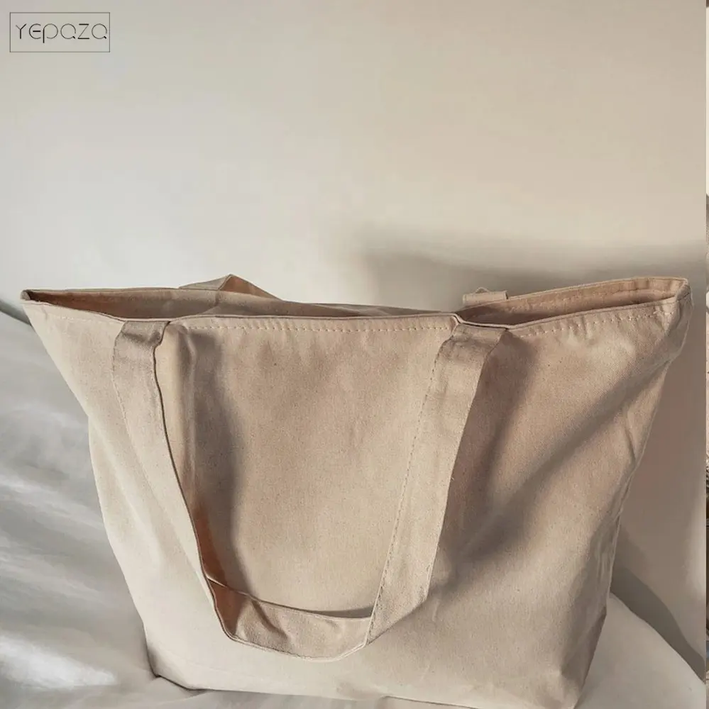 Large Canvas Tote Bag with Zipper and Pocket eco friendly cotton canvas tote bag