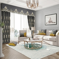 Rideaux en velours gris anthracite de luxe Zhu avec broderie dorée et cantonnière plate pour salon de villa moderne
