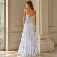 Vestido Maxi de Gasa con Volantes Escalonados, Escote Corazón, Tirantes de Perlas, Abertura Alta, Estilo Corsé Floral Personalizado OEM, Elegante para Invitadas de Boda