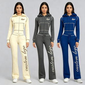 Women's Winter Custom Waffle <strong>Knit</strong> <strong>Set</strong>, Women's Long Sleeve Sportswear Suit, Zip up Hooded Jacket and Flared Pants Womens <strong>Set</strong> - Product Image 1
