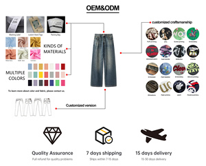 Người Đàn Ông Của Tùy Chỉnh Baggy Rộng Chân Hip-Hop Thời Trang Phố Jeans Đau Phải-Rửa Denim Vải Thêu Nút Thiết Kế Phun Trên Phai - Product Image 5