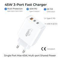 Pengisi Daya Colokan EU 45W PD QC3.0 3 Port USB-A Adaptor Dinding Tipe-C Ganda untuk Laptop, Ponsel, Tablet OG92