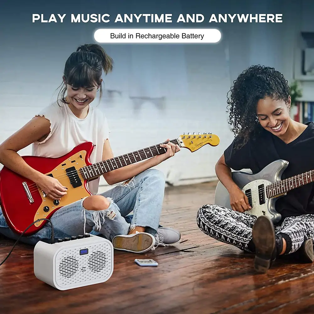 COOLMUSIC 10W şarj edilebilir Mini elektrikli gitar Amp, temiz, bozulma, gecikme, Bluetooth taşınabilir gitar amplifikatörü