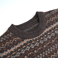 Pull en laine tricoté pour homme à col rond et manches longues, motif Fair Isle, jacquard, marron, logo personnalisé en gros, OEM et ODM, AiNear