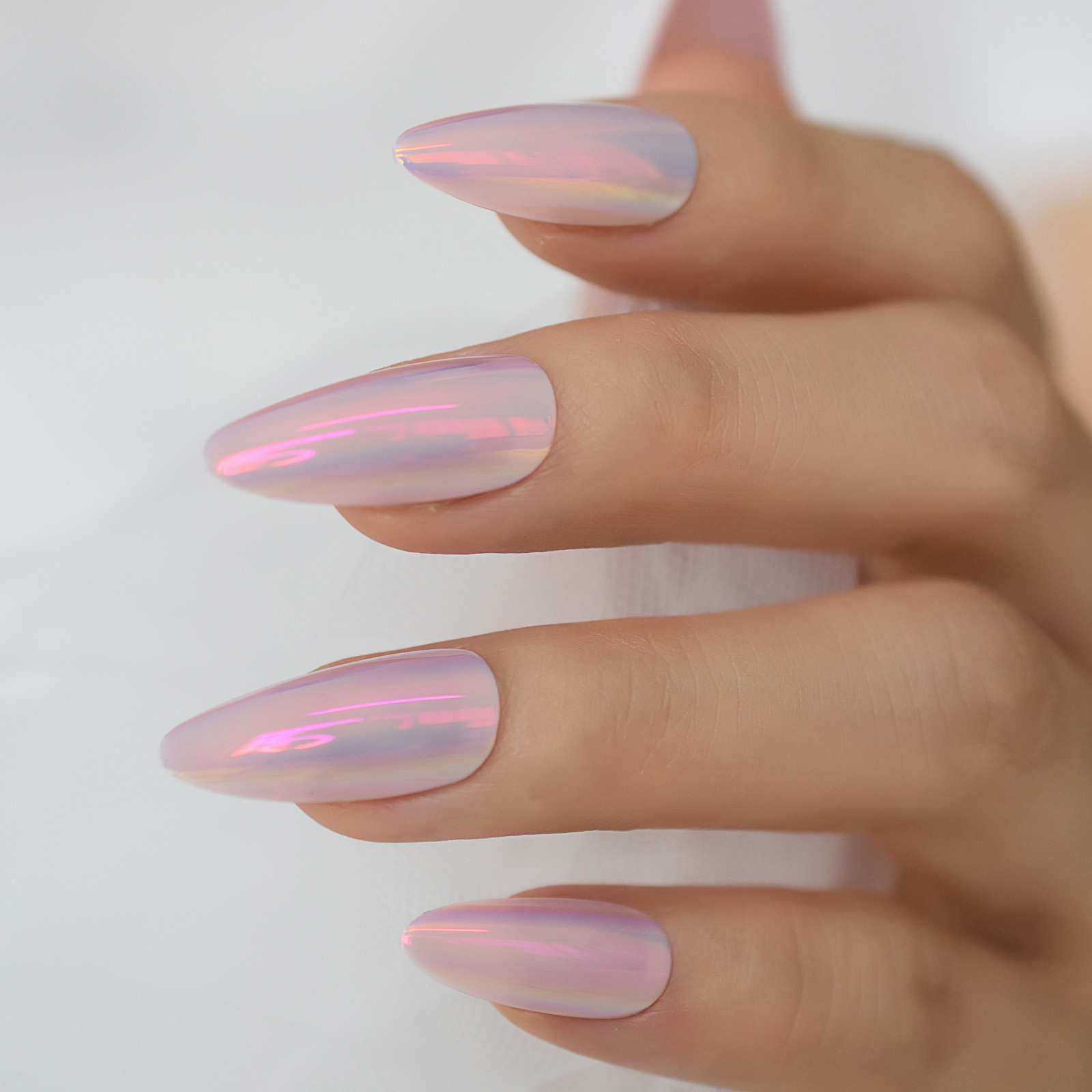 JUSTUSNX 24 Stück French Fake Nails – Stiletto, Rosa Farbverlauf, Marmor-Design, Mit Wellenlinien
