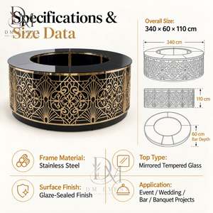 Barra de Bar Redonda Plegable Grande de Acero Inoxidable Dorado y Negro con Diseño Floral Art Deco y Tapa de Vidrio Templado Desmontable - Product Image 3
