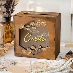 Boîte à cartes de mariage en bois personnalisée avec fente et panneau en acrylique - Boîte à souvenirs vintage gravée au <span class=keywords><strong>laser</strong></span> pour enveloppes d'argent - Product Image 1
