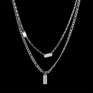 Collier double couche en acier inoxydable argenté, chaîne Figaro, pendentifs breloques rectangulaires vierges, design tendance - Product Image 4