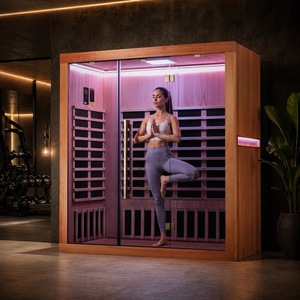 Sauna infrarouge élégant en bois de pruche pour 3 personnes, avec porte en verre transparent, cabine de spa intérieure, décoration de la maison, Bluetooth - Product Image 1